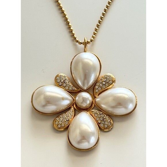 Rose Benedetti Jewelry - Vintage Rose Benedetti Signed Gold Faux Pearl Maltese Cross Pendant Necklace